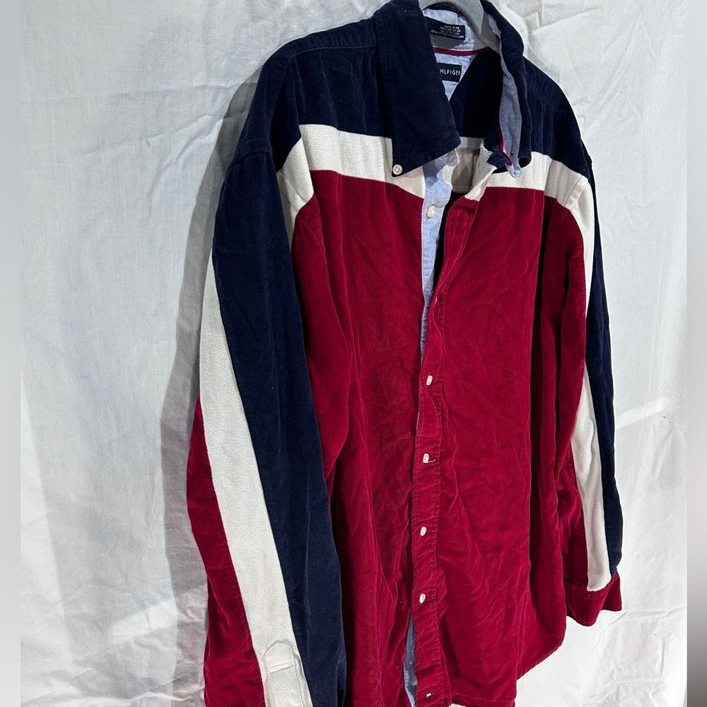 Vintage Tommy Hilfiger Corduroy Shirt Men’s Long Sleeve Y2K Red White Blue XL - Picture 3 of 13